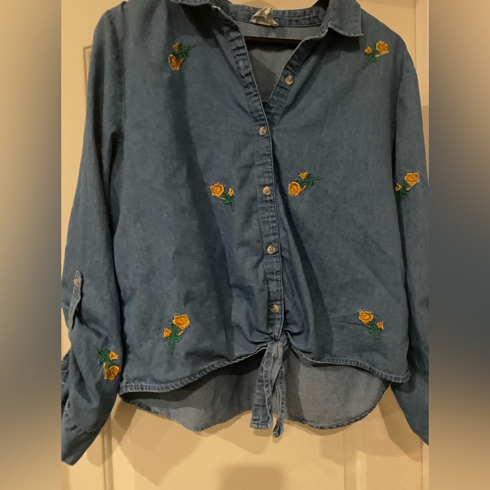 Harper Heritage Women's XL Button-Up - Long Sleeve Denim Flowers 90s